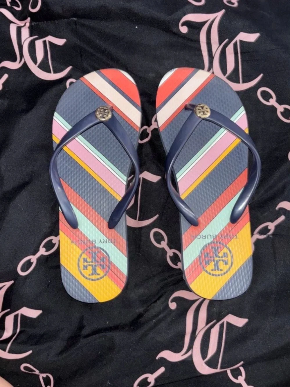 Tory Burch Navy Multicolor Diagonal Stripe Flip Flops